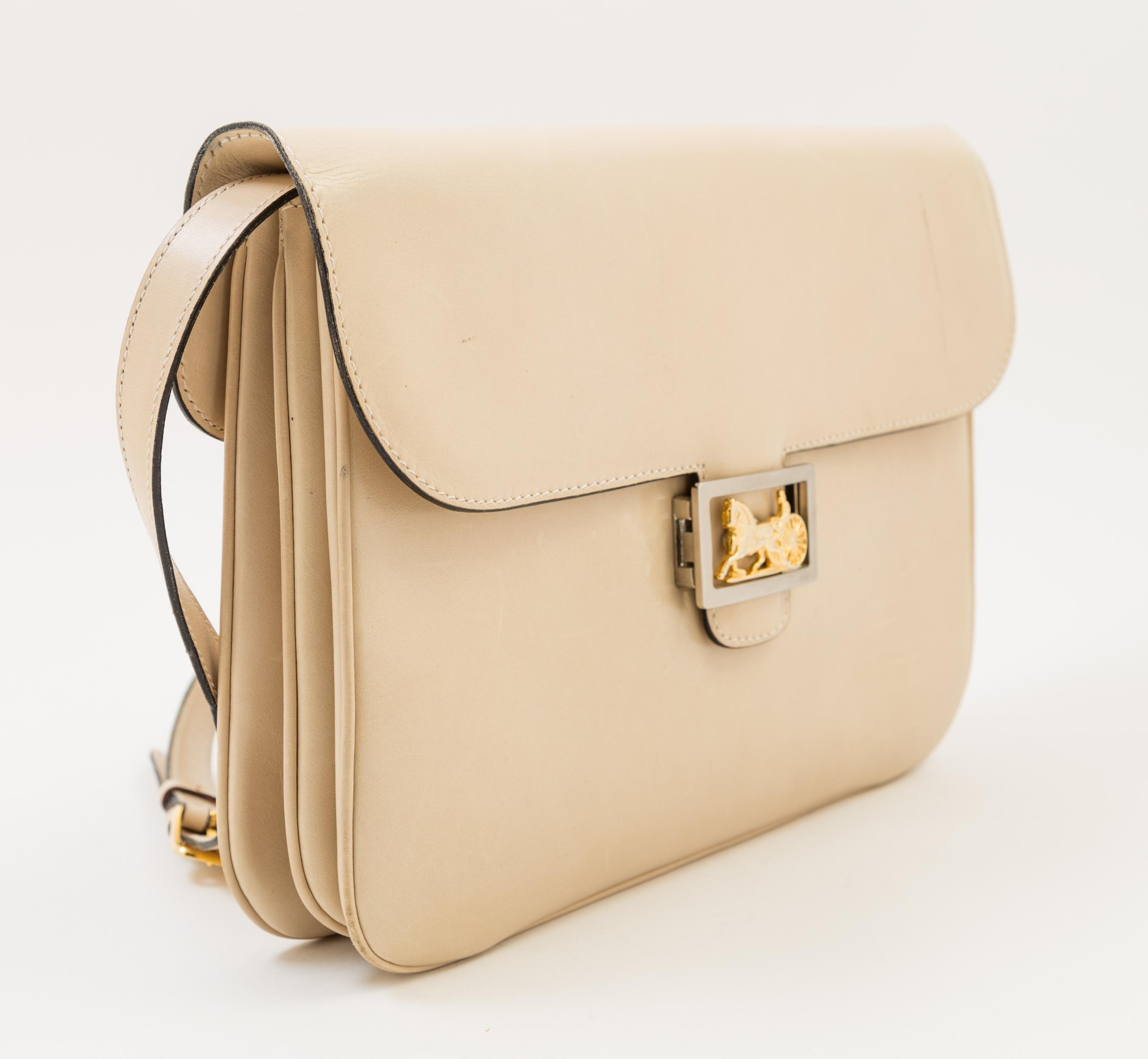 A Celine Cream Vintage Shoulder Bag, 11.5" x 8.25" x 1.5"; Strap drop: 19".