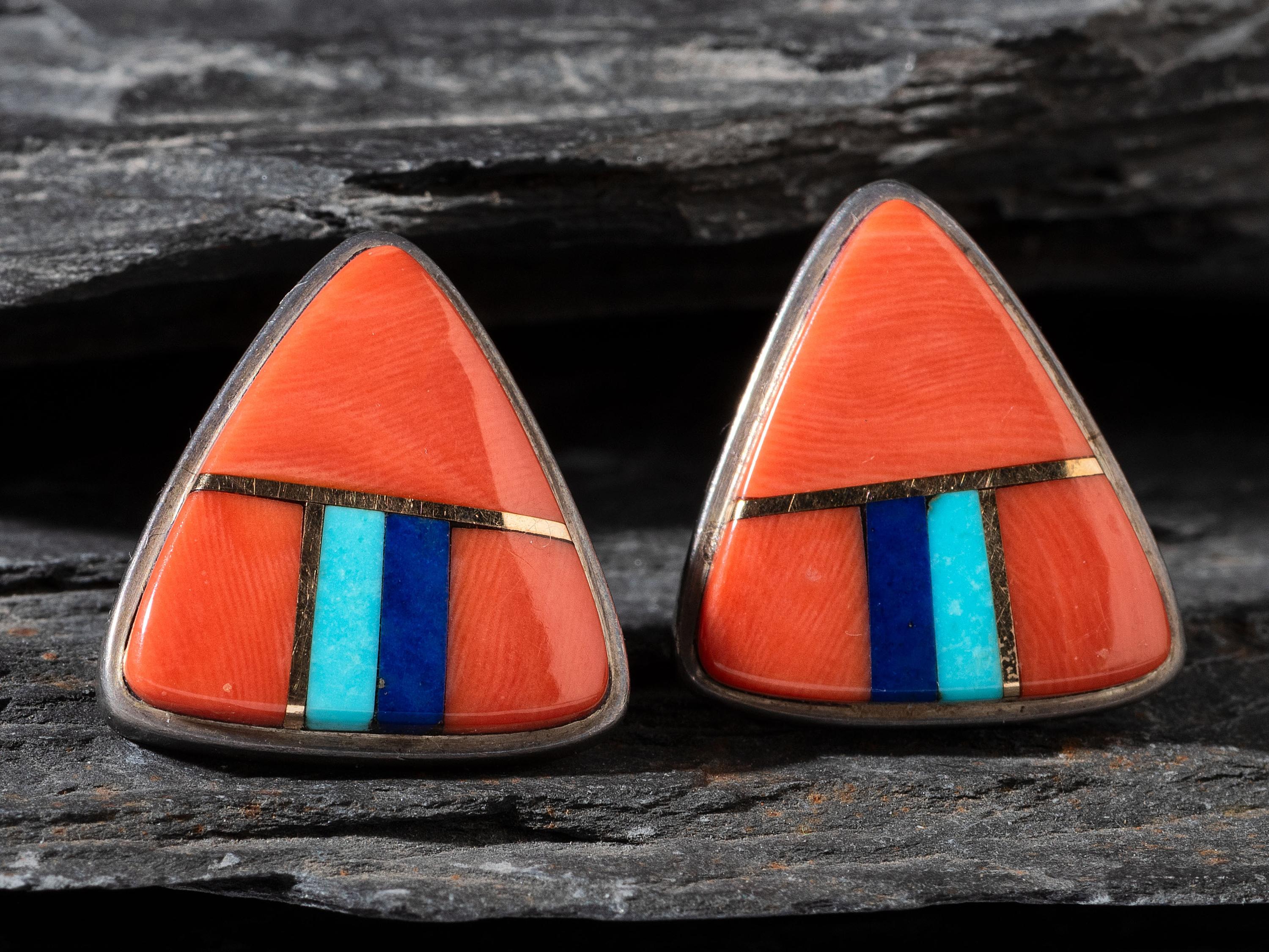 Silver, Coral, Lapis and Turquoise Earrings with Gold Accents