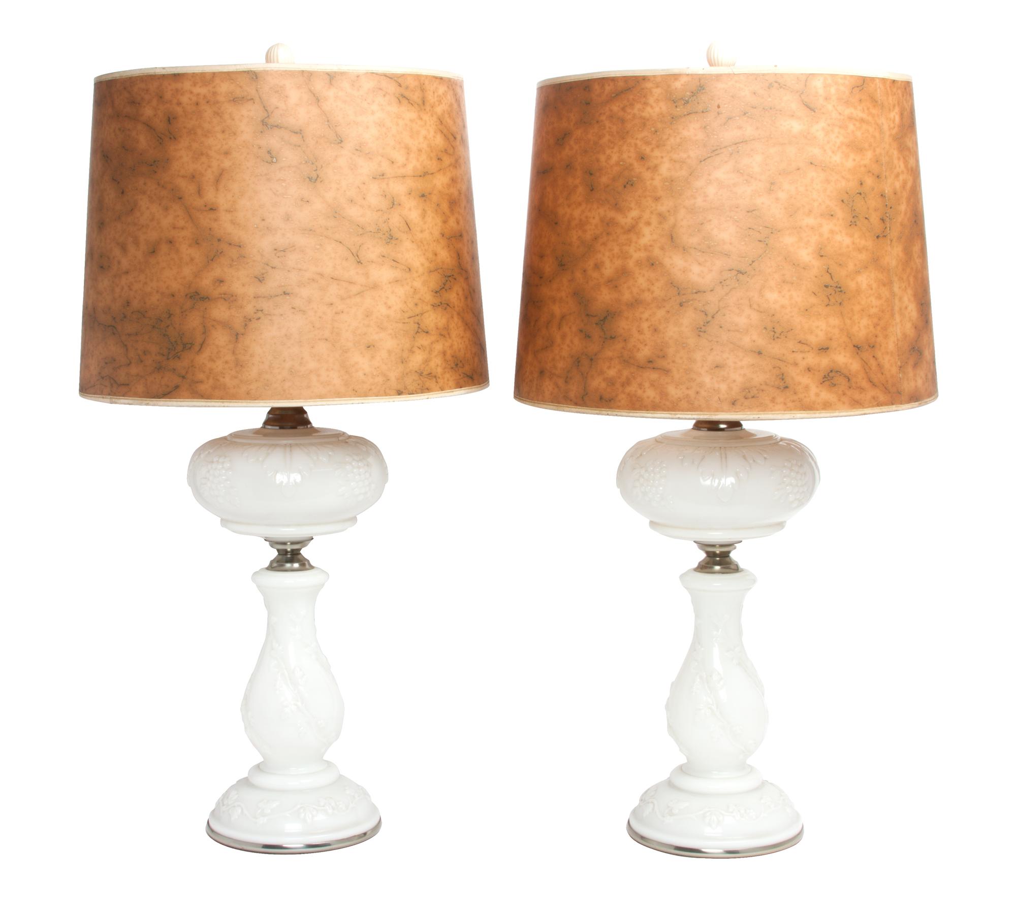 A Pair of Milk Glass Table Lamps Height 30 1/4 inches. — 20TH CENTURY