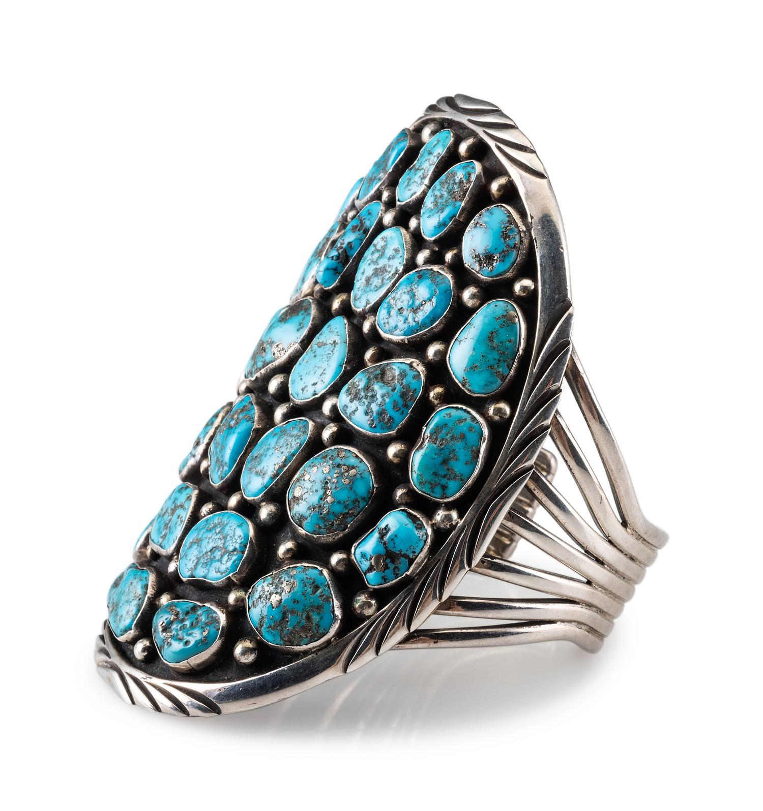 Large Navajo Sterling Silver and Turquoise Cluster Cuff Bracelet
