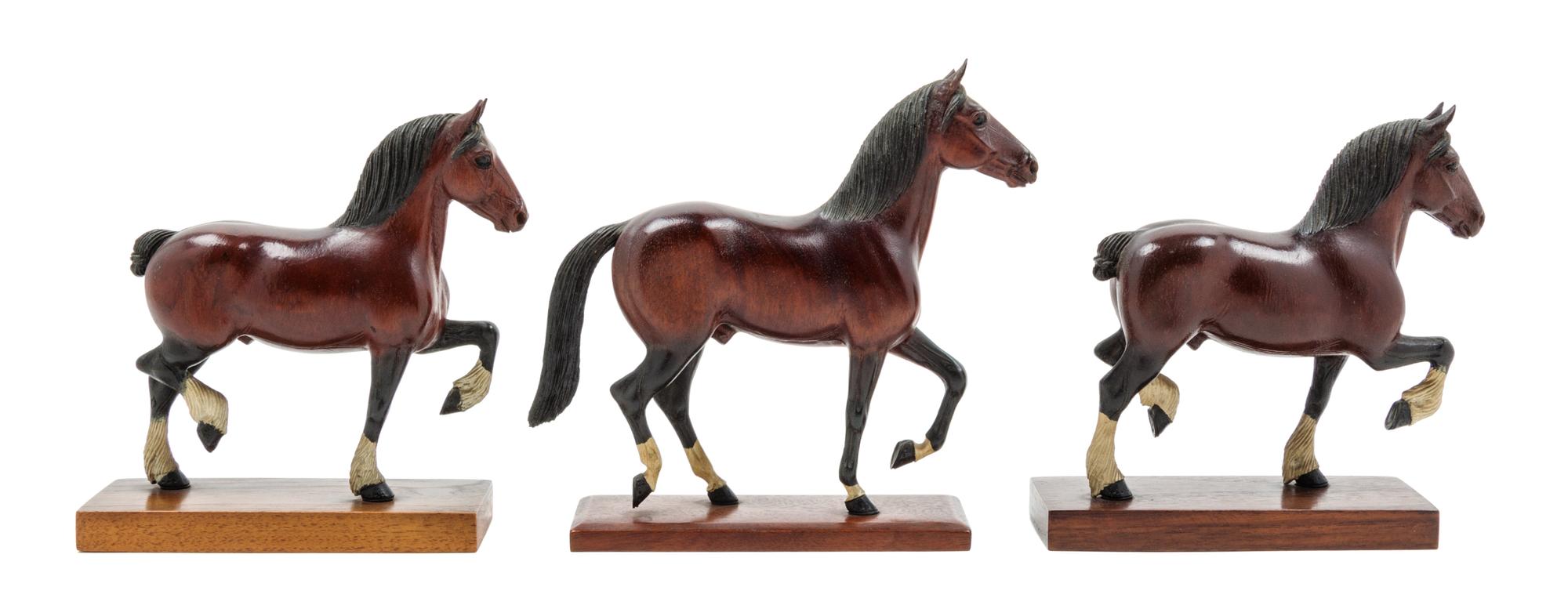 Three Carved and Painted Wood Horse Figures Height of tallest 7 3/4 inches. — ATTRIBUTED TO PETER GIBA, 20TH CENTURY