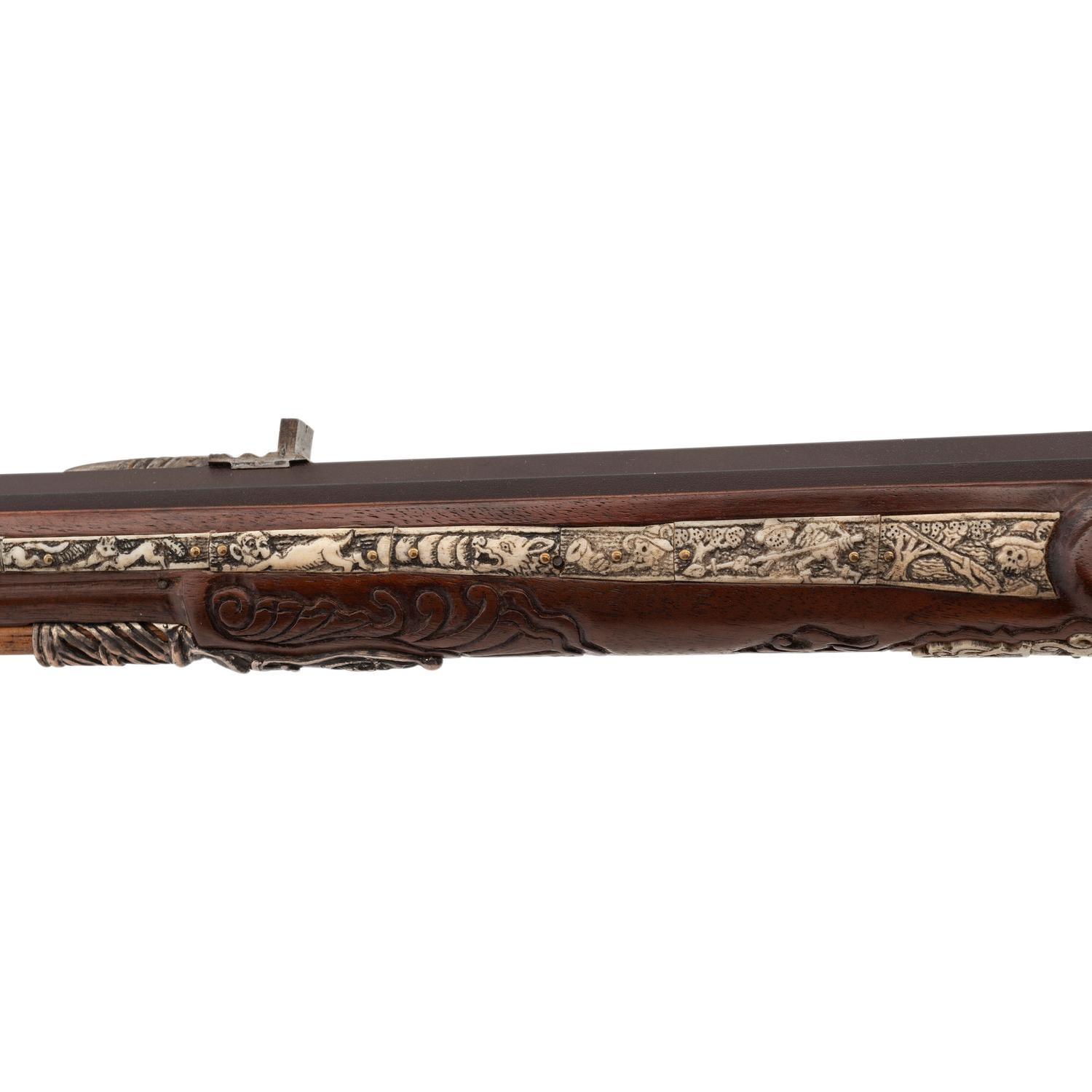 Contemporary Flintlock Jaeger Rifle with Actaeon and Hunting Motifs by John B. Derrick (American, b.1936)