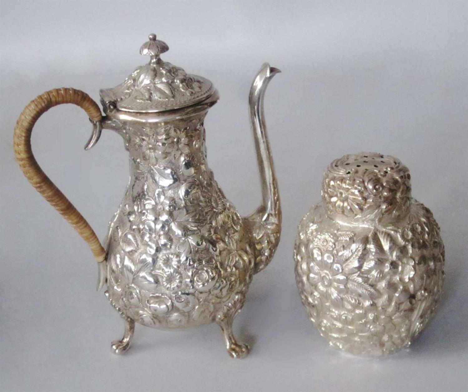 Sterling silver chocolat pot and sugar caster jacobi & jenkins, baltimore, md, and galt & bro., washington, d.c., early 20th centu