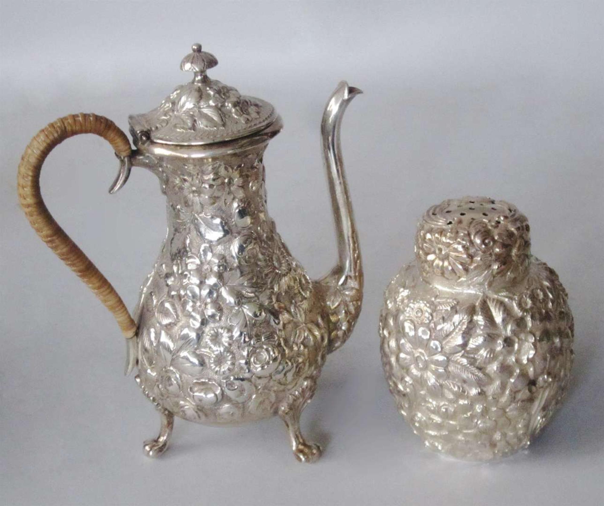 Sterling silver chocolat pot and sugar caster jacobi & jenkins, baltimore, md, and galt & bro., washington, d.c., early 20th centu