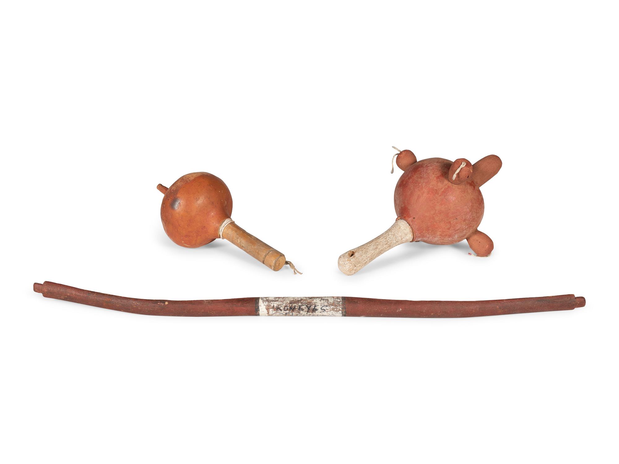 Pueblo Rattles, PLUS Bow, signed Iron Eyes Cody