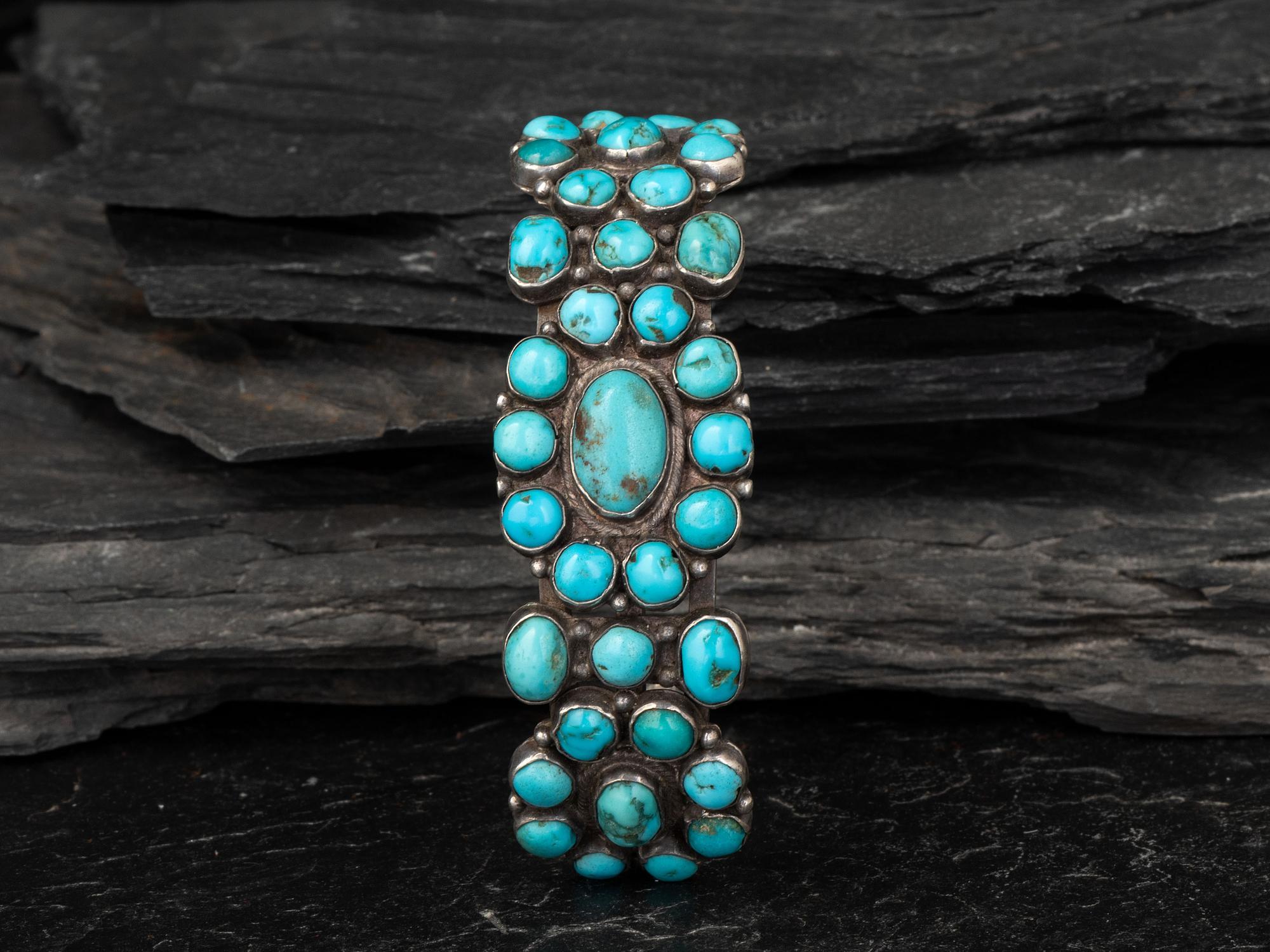 Navajo or Zuni Silver and Turquoise Cluster Cuff Bracelet
