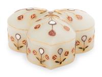 A Mughal Style Carved Hardstone, Enameled and Jeweled Covered Box