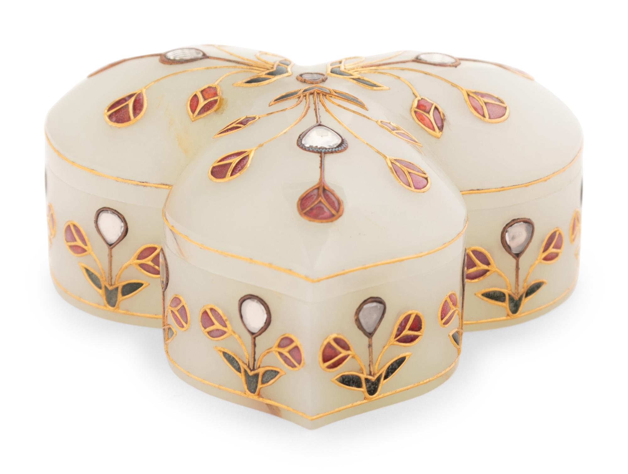 A Mughal Style Carved Hardstone, Enameled and Jeweled Covered Box