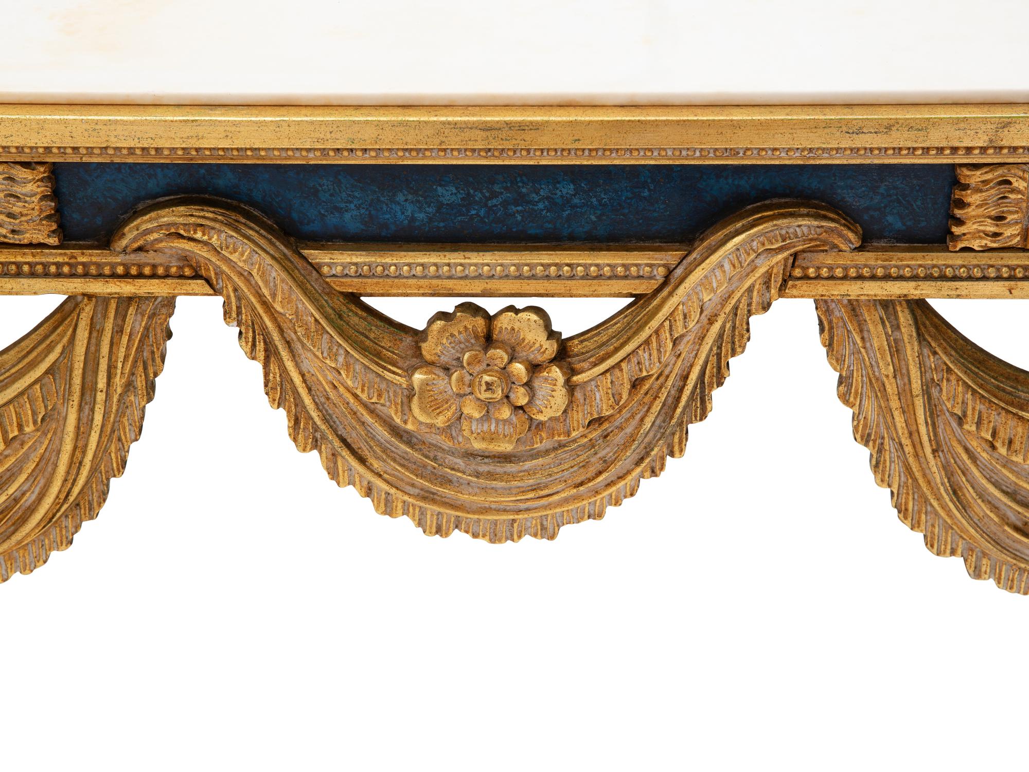An Italian Neoclassical Style Painted and Parcel Gilt Marble Top Console Table