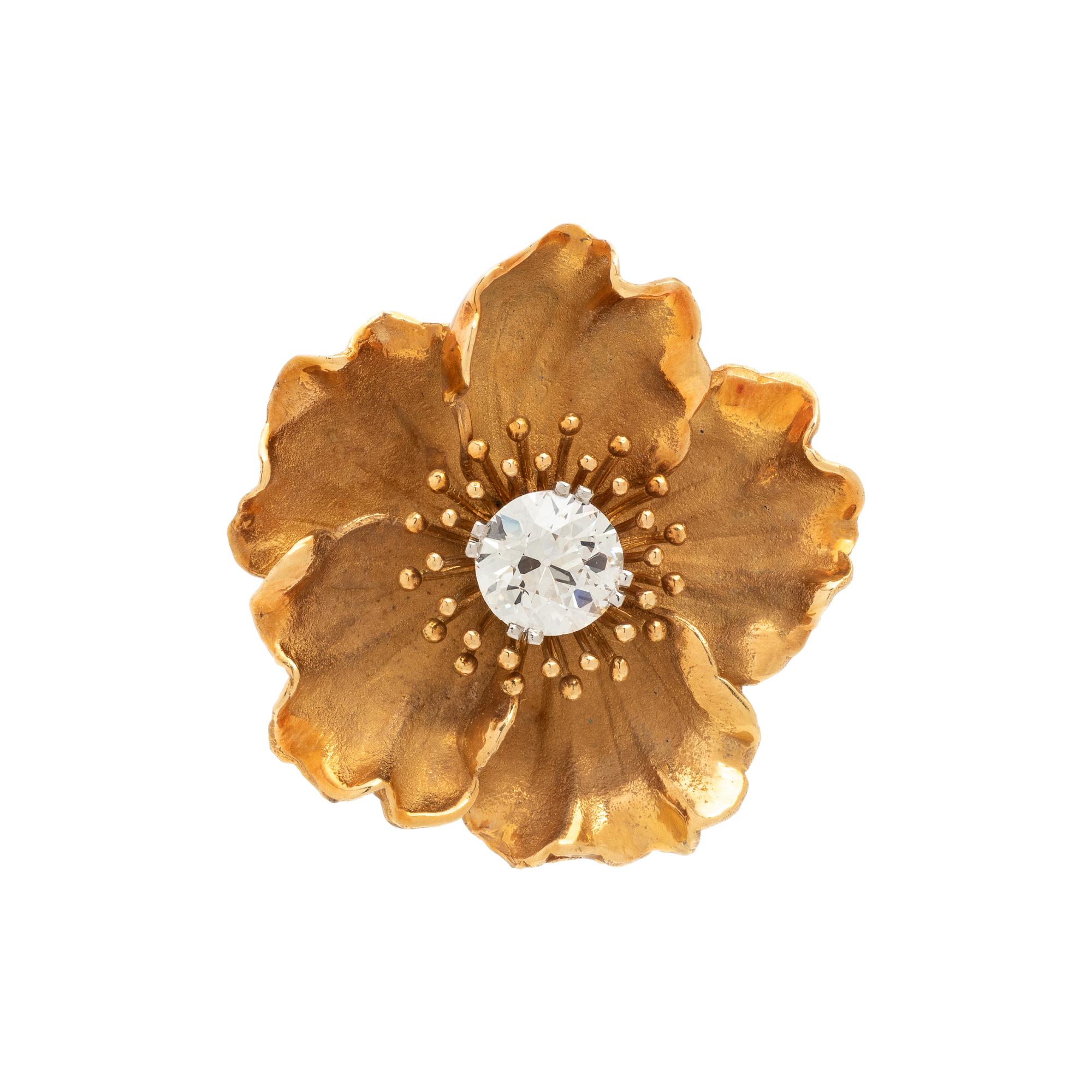 YELLOW GOLD AND DIAMOND FLOWER BROOCH