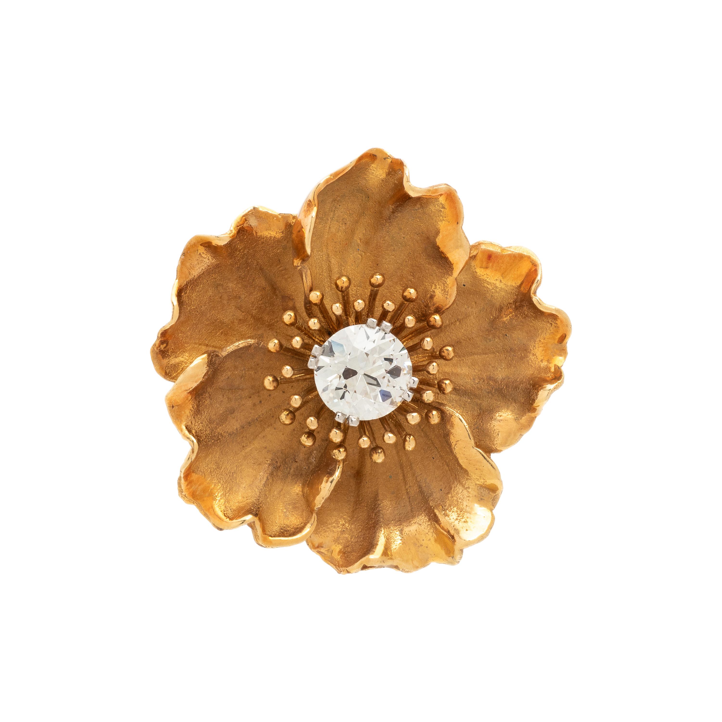 YELLOW GOLD AND DIAMOND FLOWER BROOCH