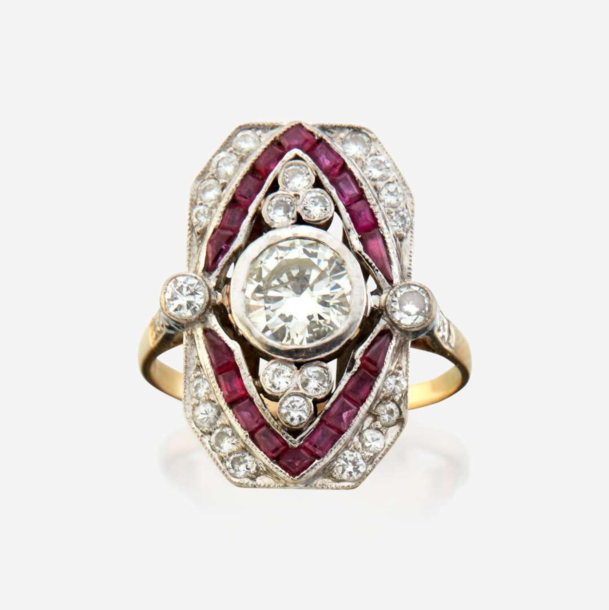 A diamond, ruby, and gold ring