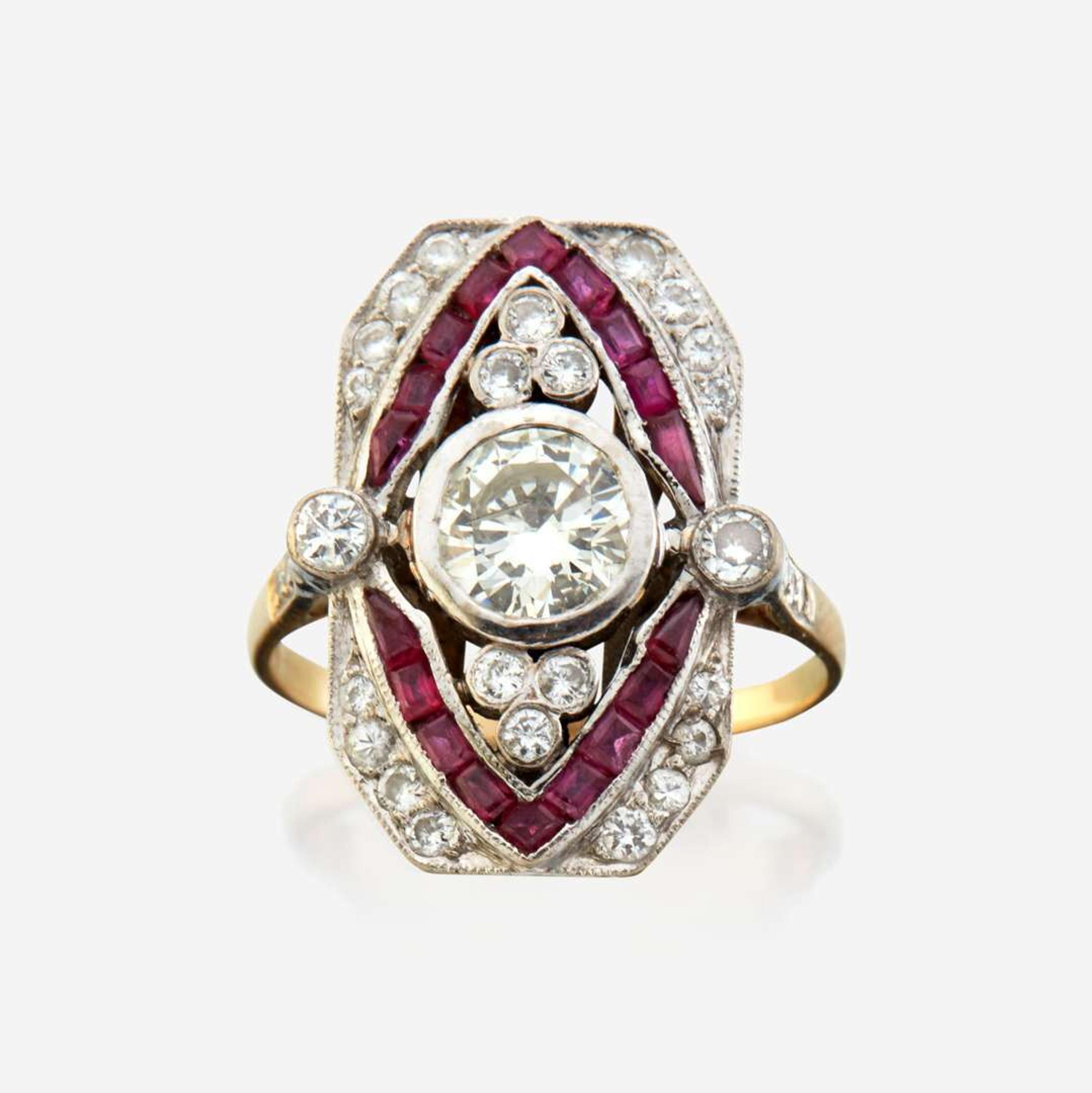 A diamond, ruby, and gold ring
