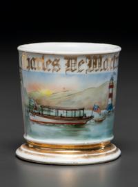 A Porcelain Shaving Mug Depicting a Motorboat