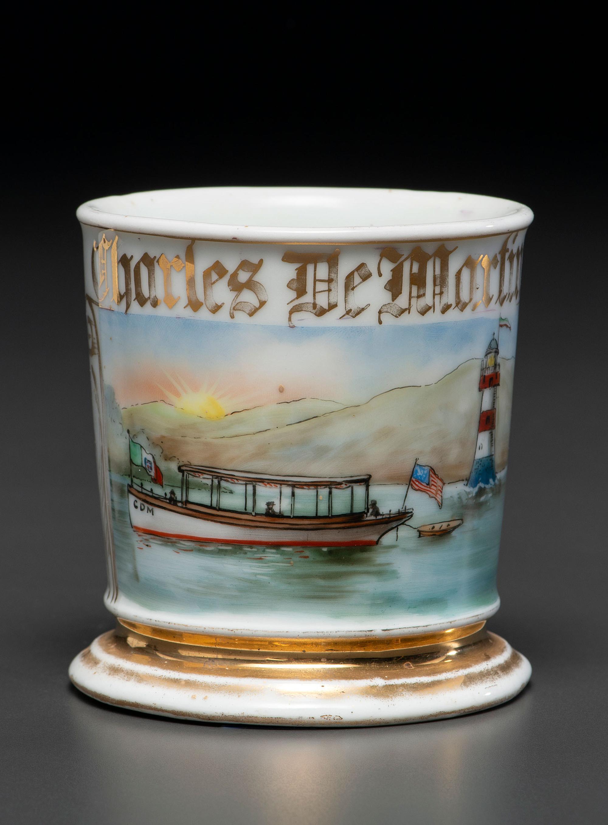 A Porcelain Shaving Mug Depicting a Motorboat