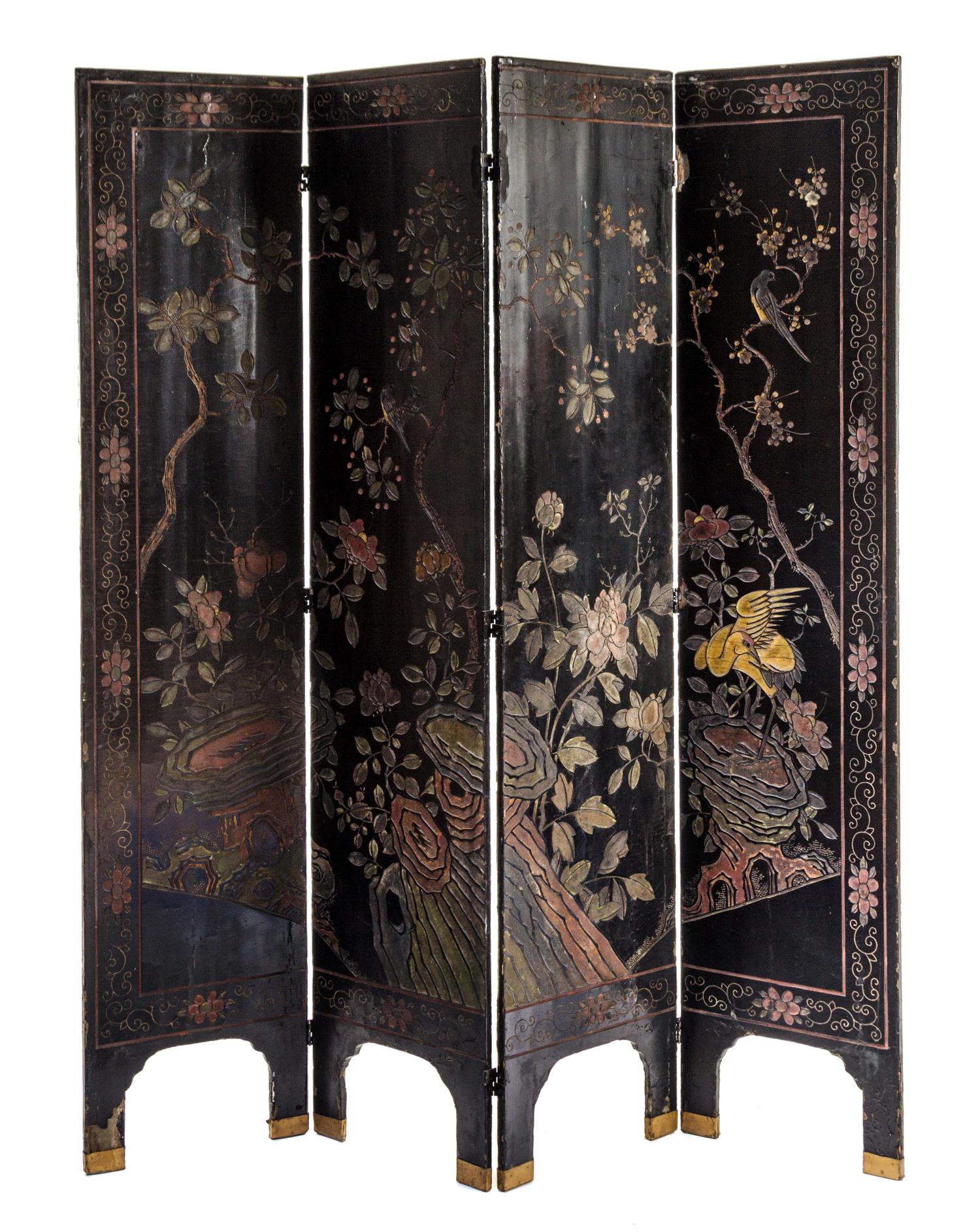 A Chinese Export Lacquered Four-Panel Floor Screen Height 72 1/4 x width of each panel 15 3/4