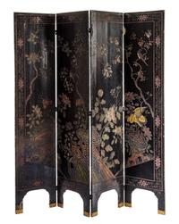 A Chinese Export Lacquered Four-Panel Floor Screen Height 72 1/4 x width of each panel 15 3/4