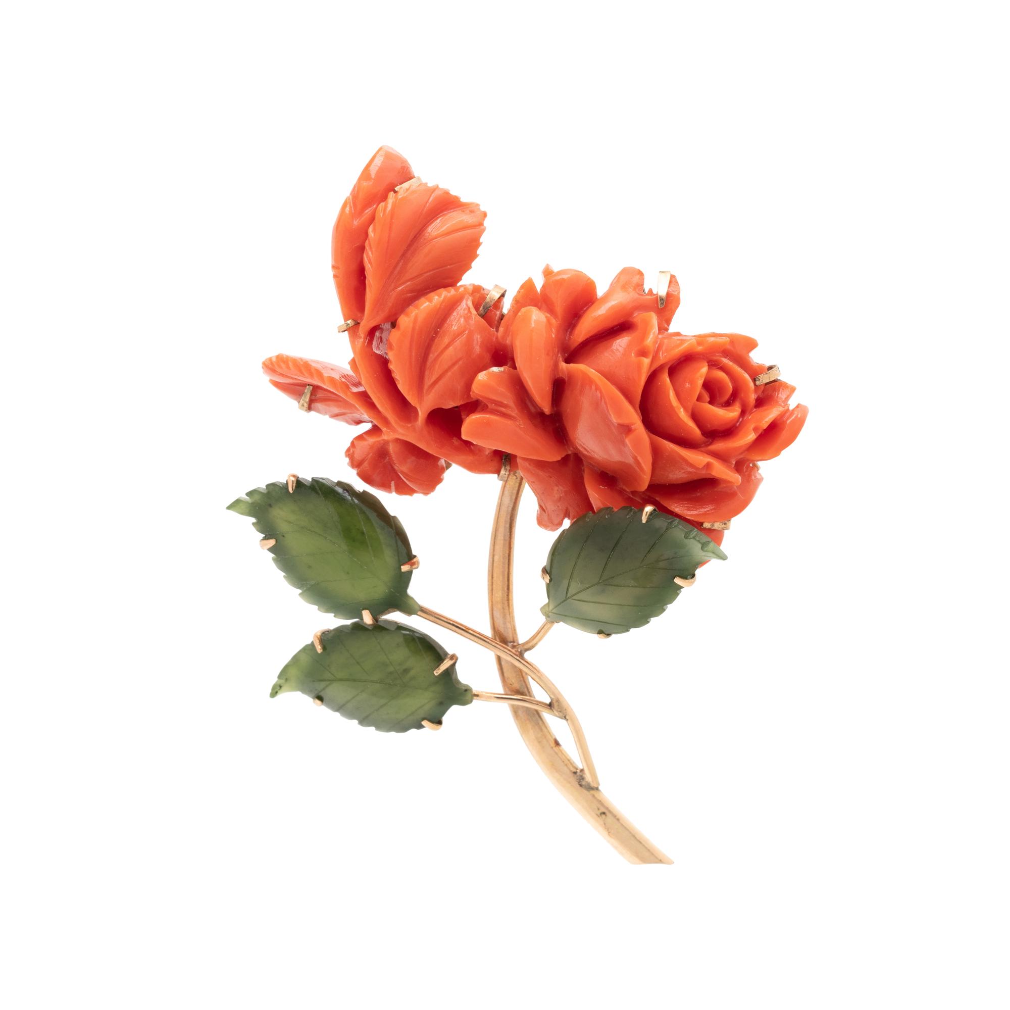 CORAL AND NEPHRITE FLOWER BROOCH