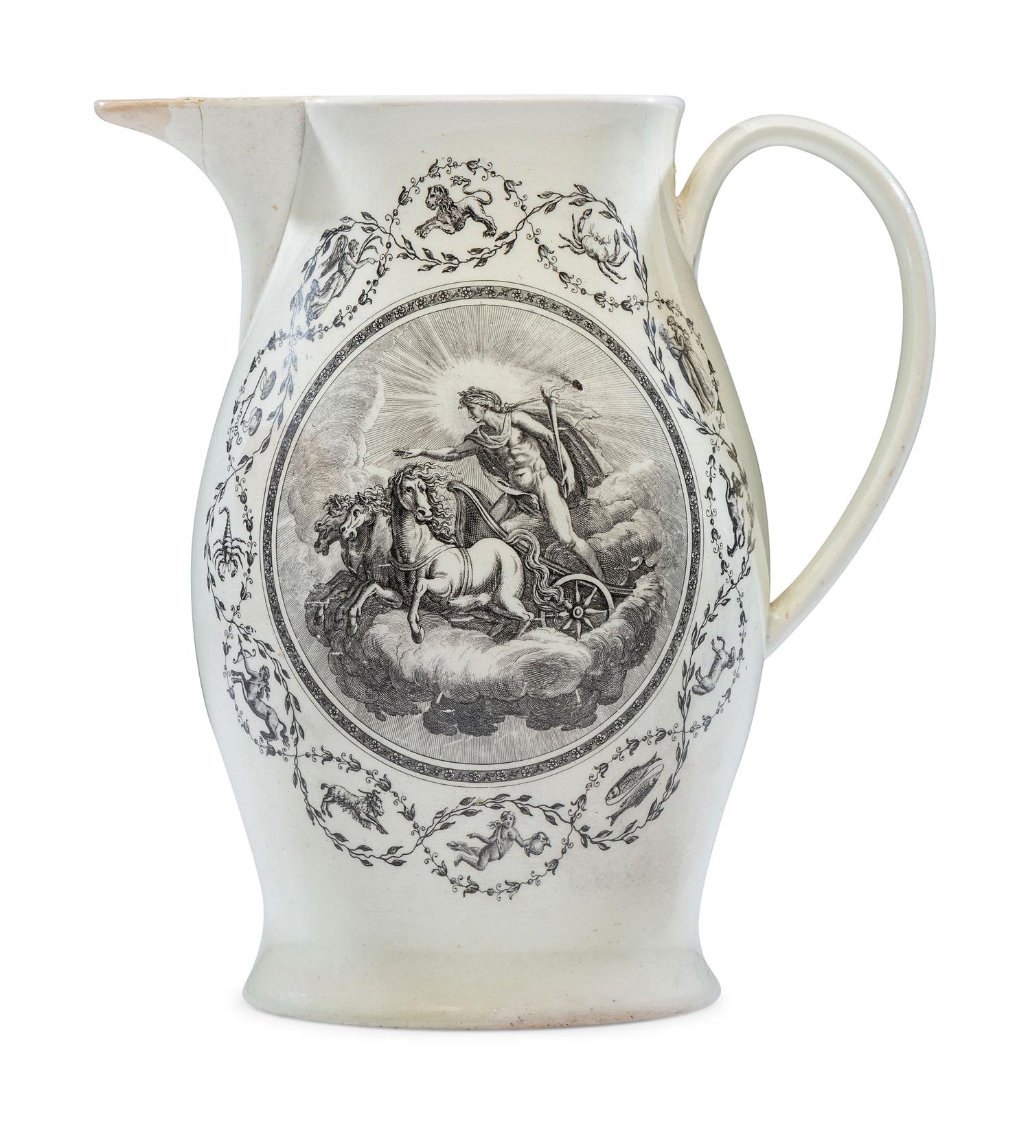 A Liverpool Transfer-Printed Creamware Pitcher with Apollo and Diana
