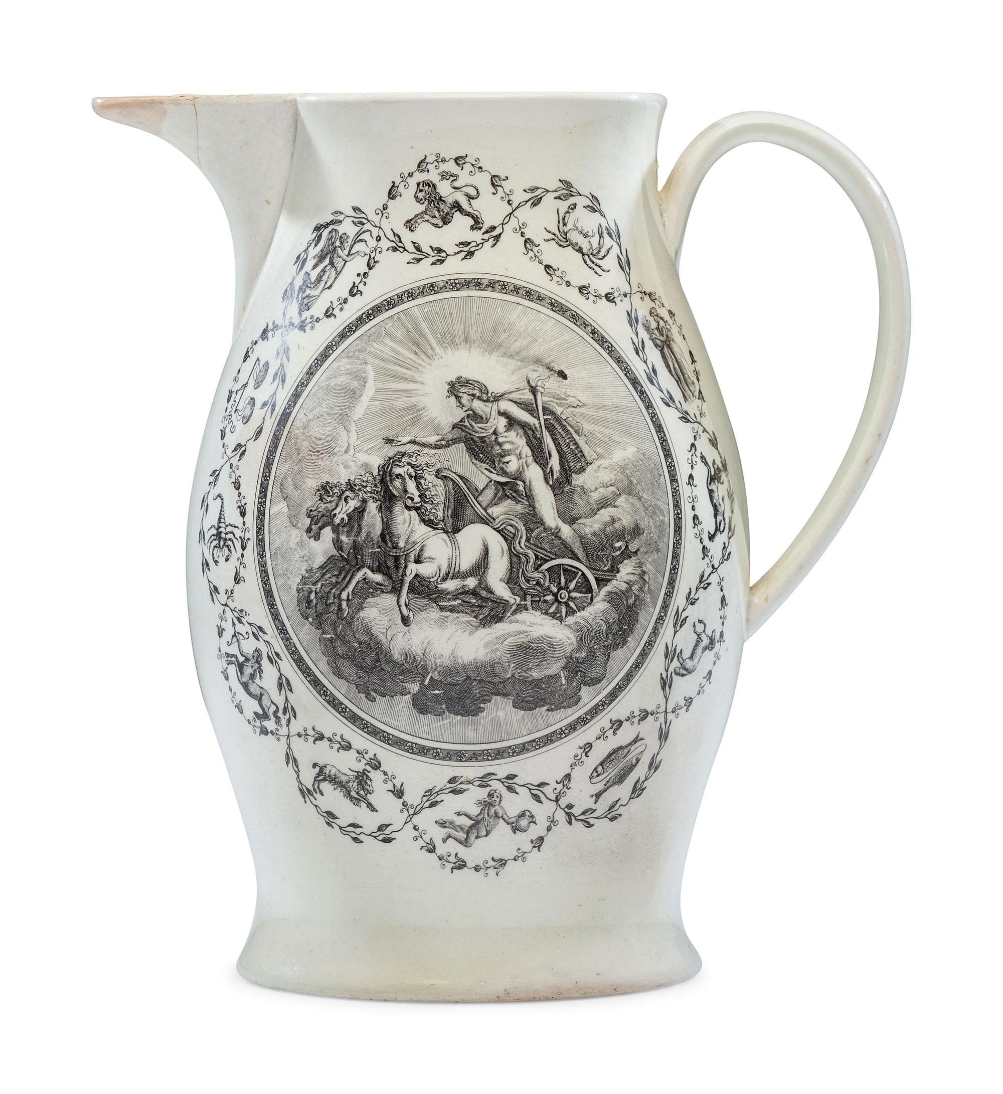 A Liverpool Transfer-Printed Creamware Pitcher with Apollo and Diana