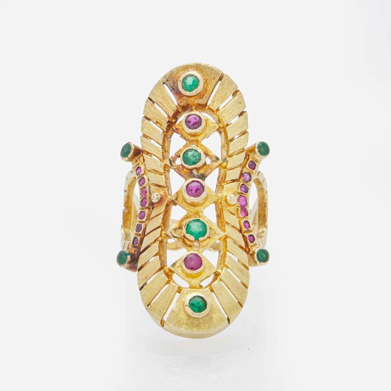 A 14K Yellow Gold, Ruby, and Emerald Ring