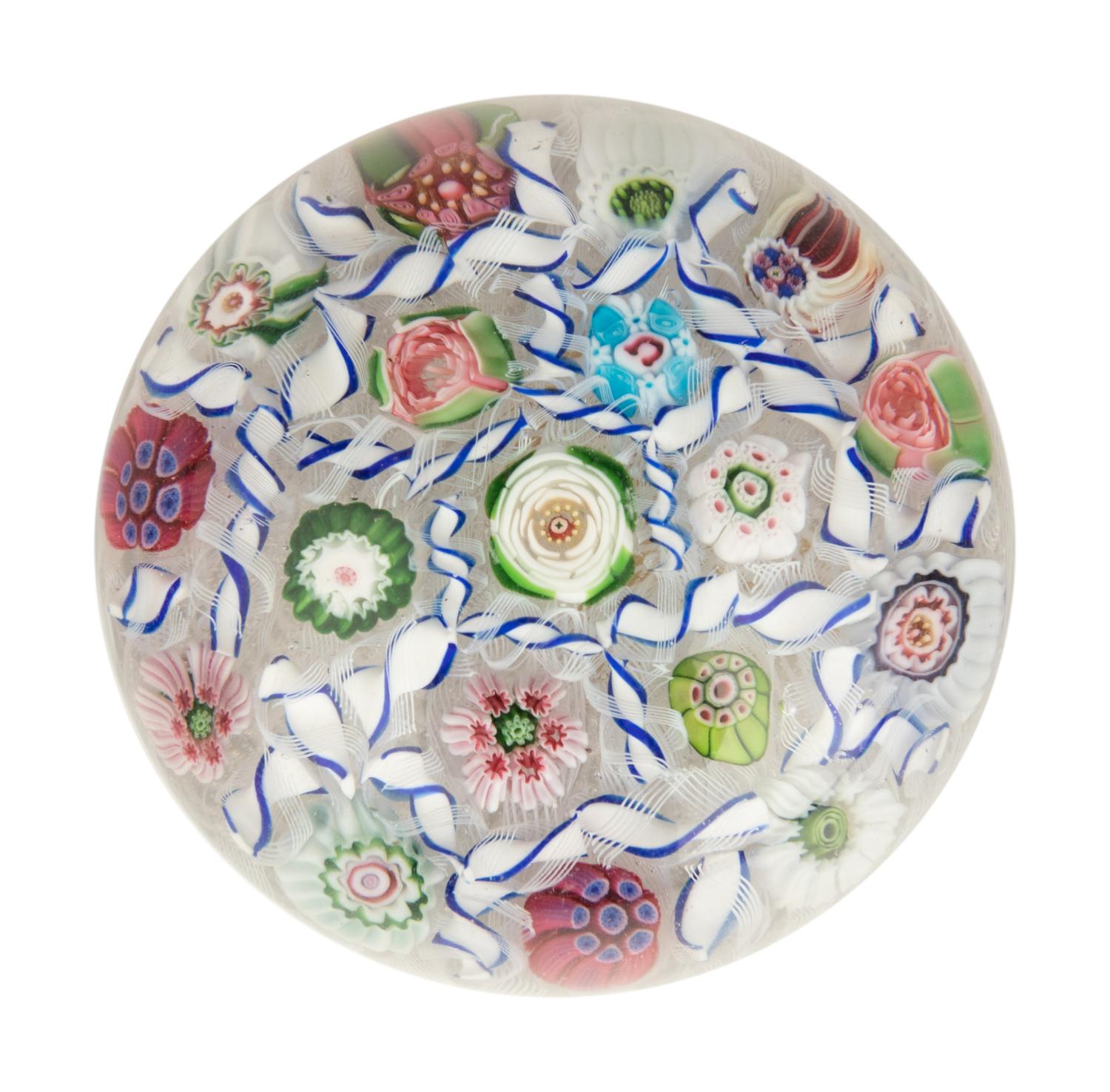 A Clichy Barber Pole and Rose Cane Glass Paperweight