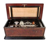 A Swiss Birdseye Maple, Rosewood and Ebonized Interchangeable Cylinder Music Box, G. Baker-Troll & Co., Width of case overall 36 1/2 in