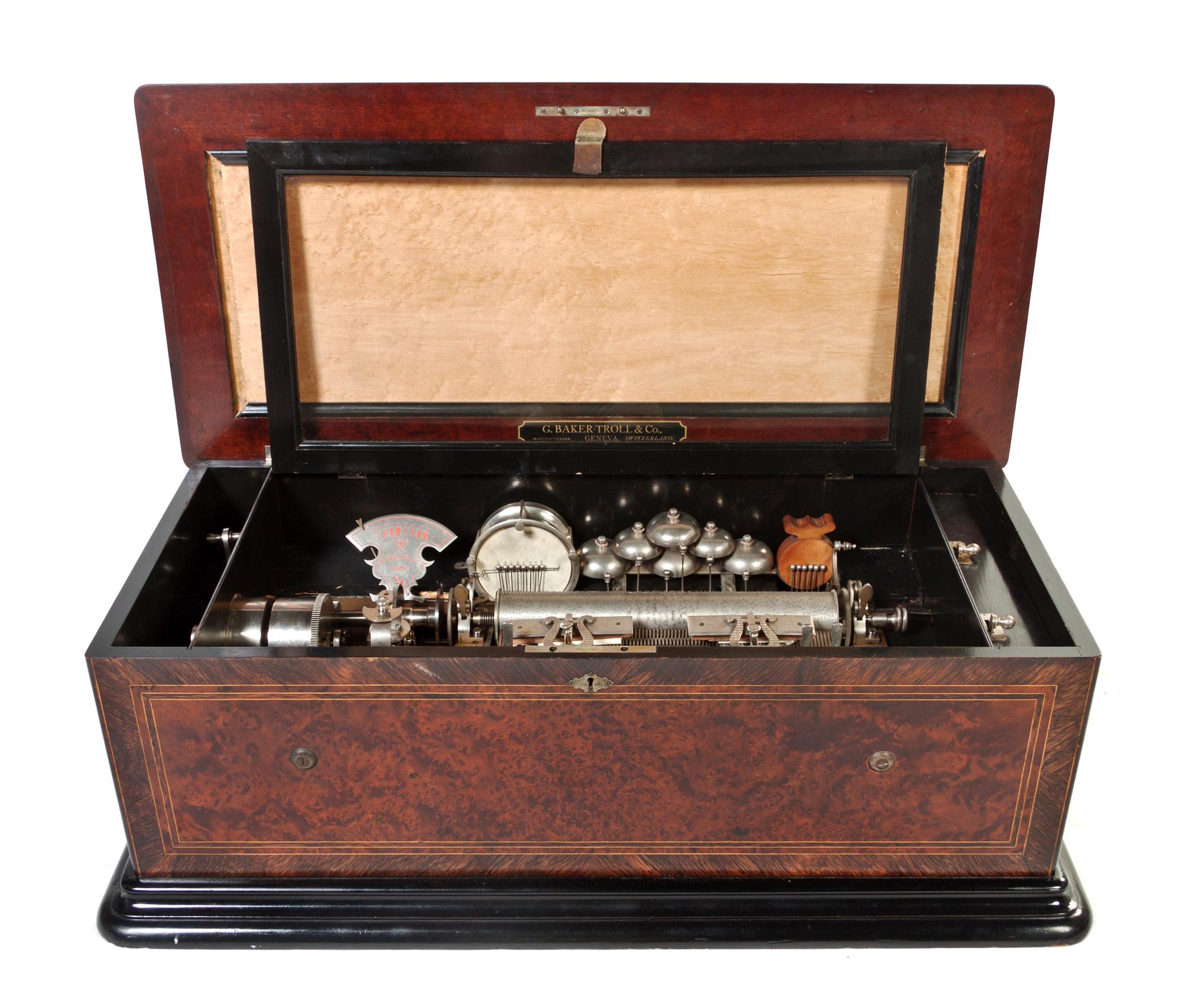A Swiss Birdseye Maple, Rosewood and Ebonized Interchangeable Cylinder Music Box, G. Baker-Troll & Co., Width of case overall 36 1/2 in