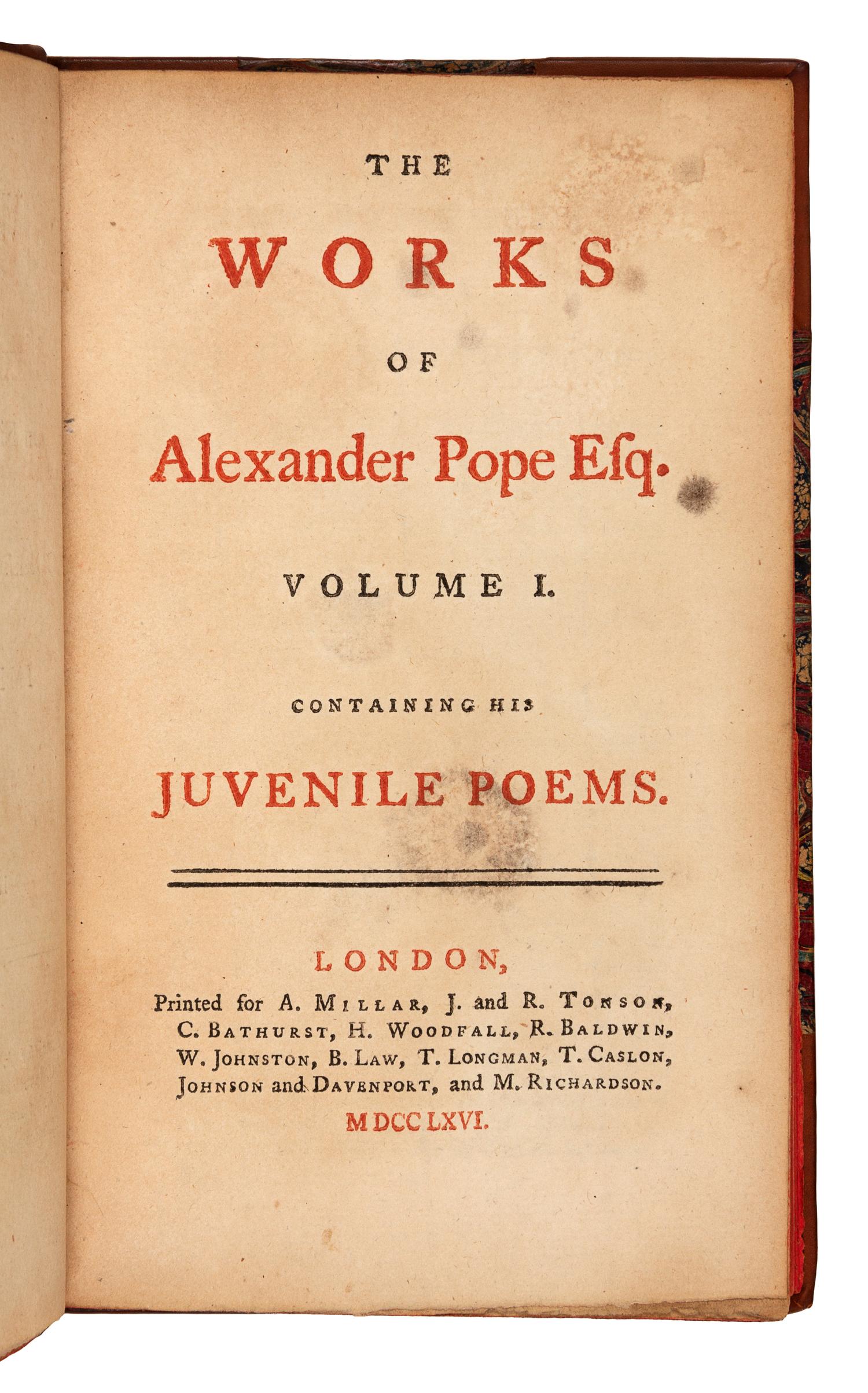 POPE, Alexander (1688-1744). The Works. - The Iliad of Homer. - The Odyssey of Homer. London: Printed for A. Millar, J. and R. Tonson and others (Works); Printed for J. Whiston, Baker and Leigh, and others (Iliad, Odyssey), 1766, 1771.