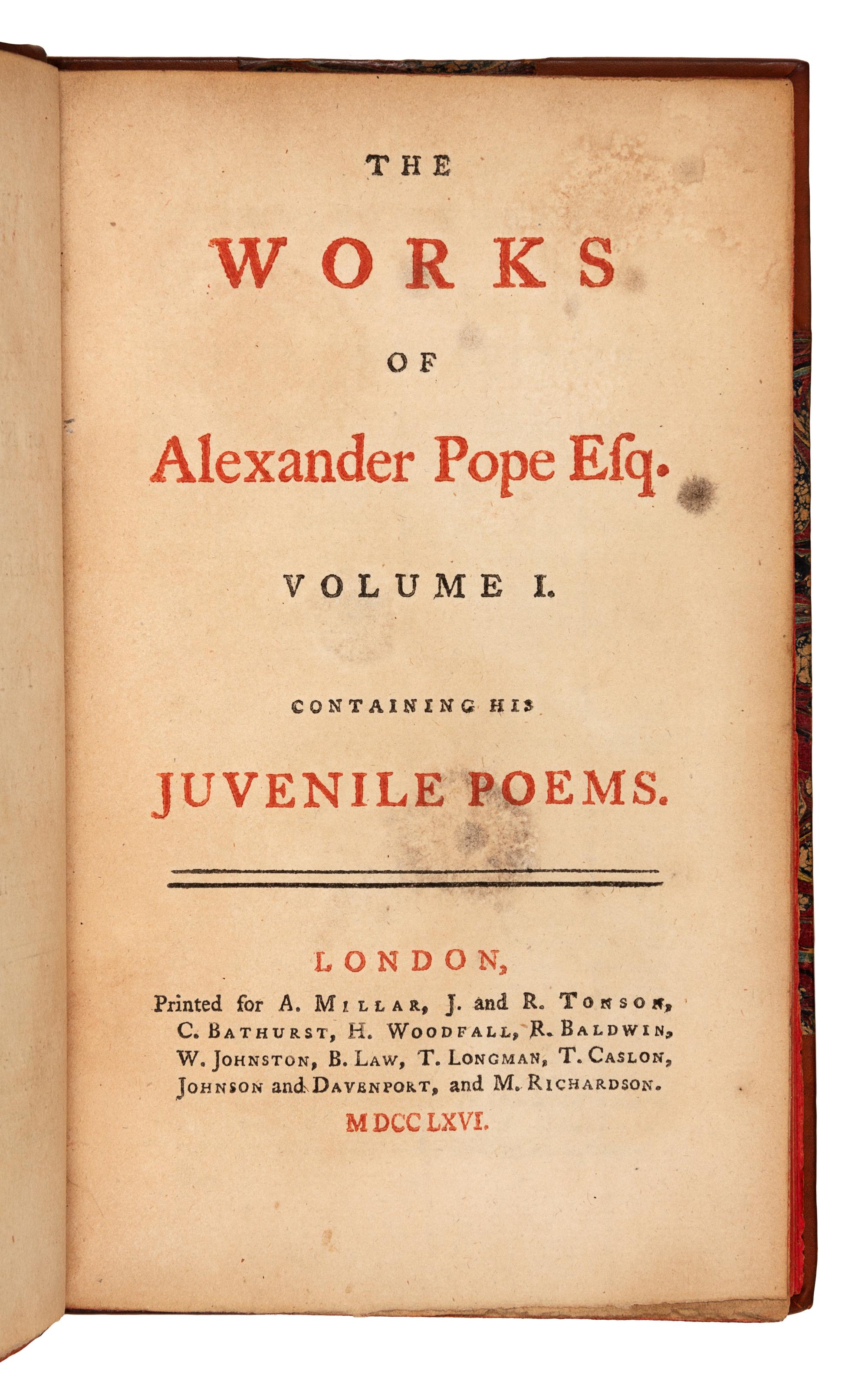 POPE, Alexander (1688-1744). The Works. - The Iliad of Homer. - The Odyssey of Homer. London: Printed for A. Millar, J. and R. Tonson and others (Works); Printed for J. Whiston, Baker and Leigh, and others (Iliad, Odyssey), 1766, 1771.