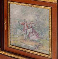 A Matched Pair of Louis XVI Style Gilt Bronze and Porcelain Mounted Parquetry Marble-Top Cabinets