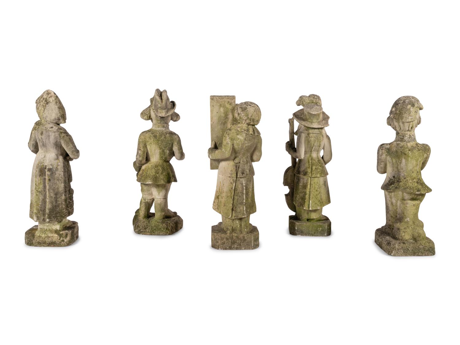 Five French Limestone Garden Figures of Musicians