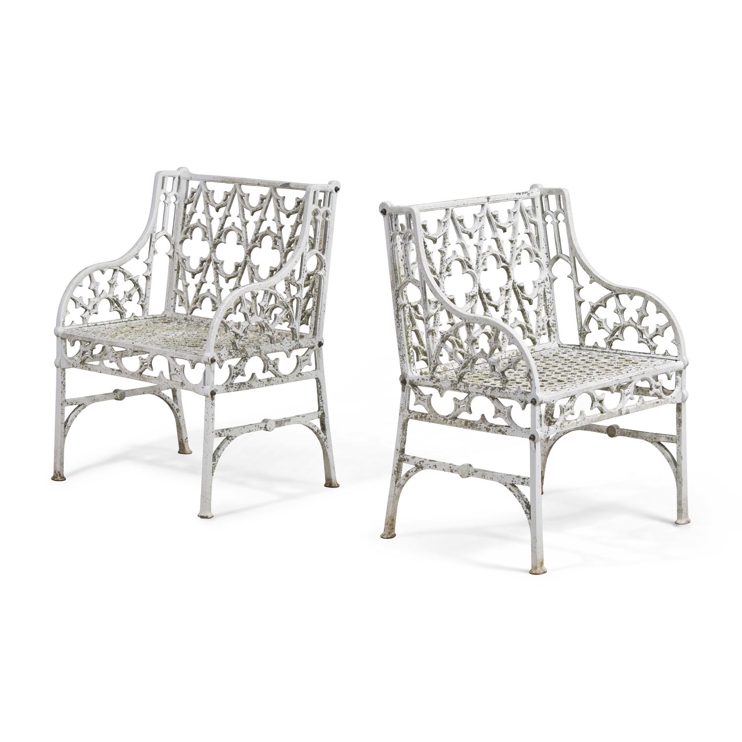 A Pair of Gothic Cast Aluminum Garden Armchairs