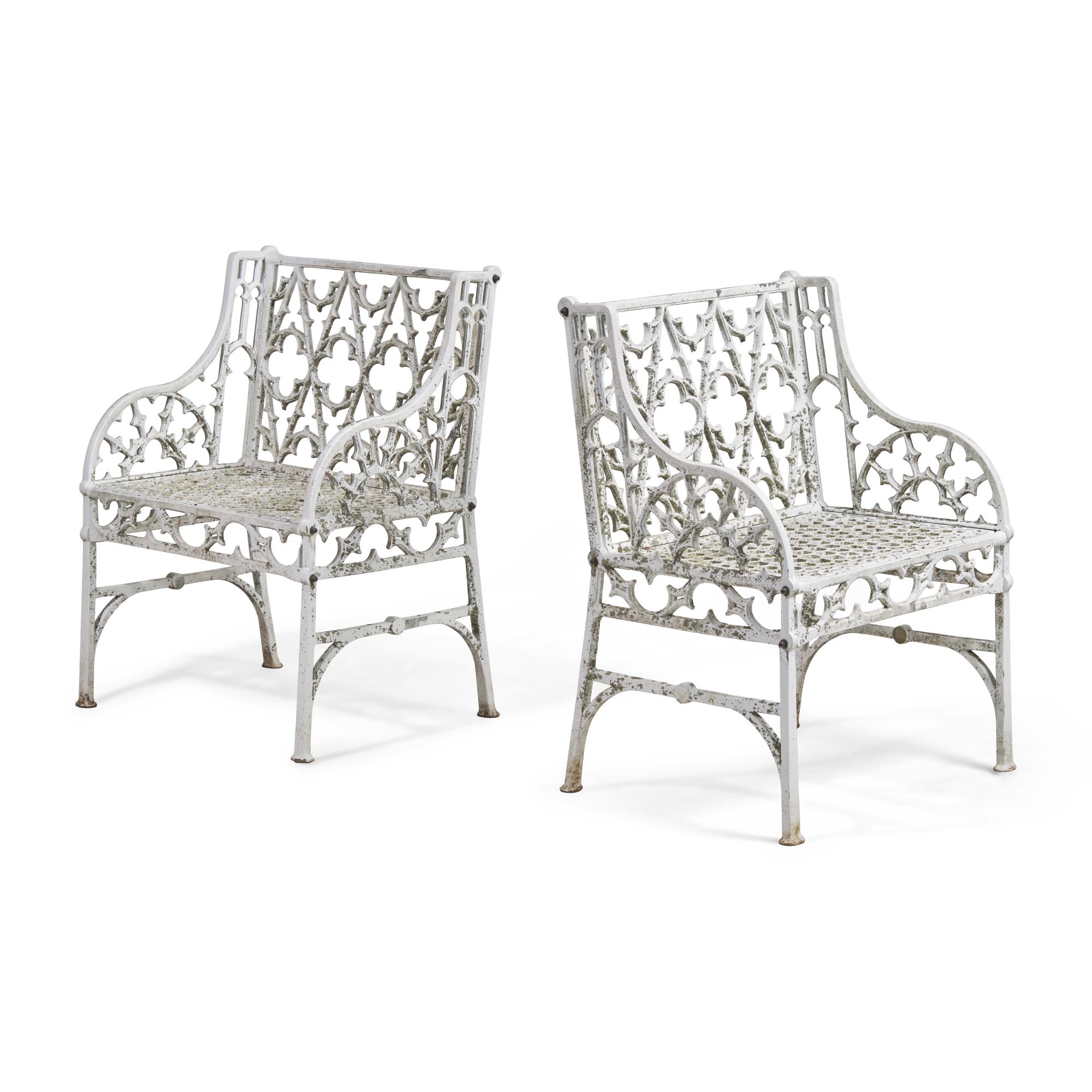 A Pair of Gothic Cast Aluminum Garden Armchairs