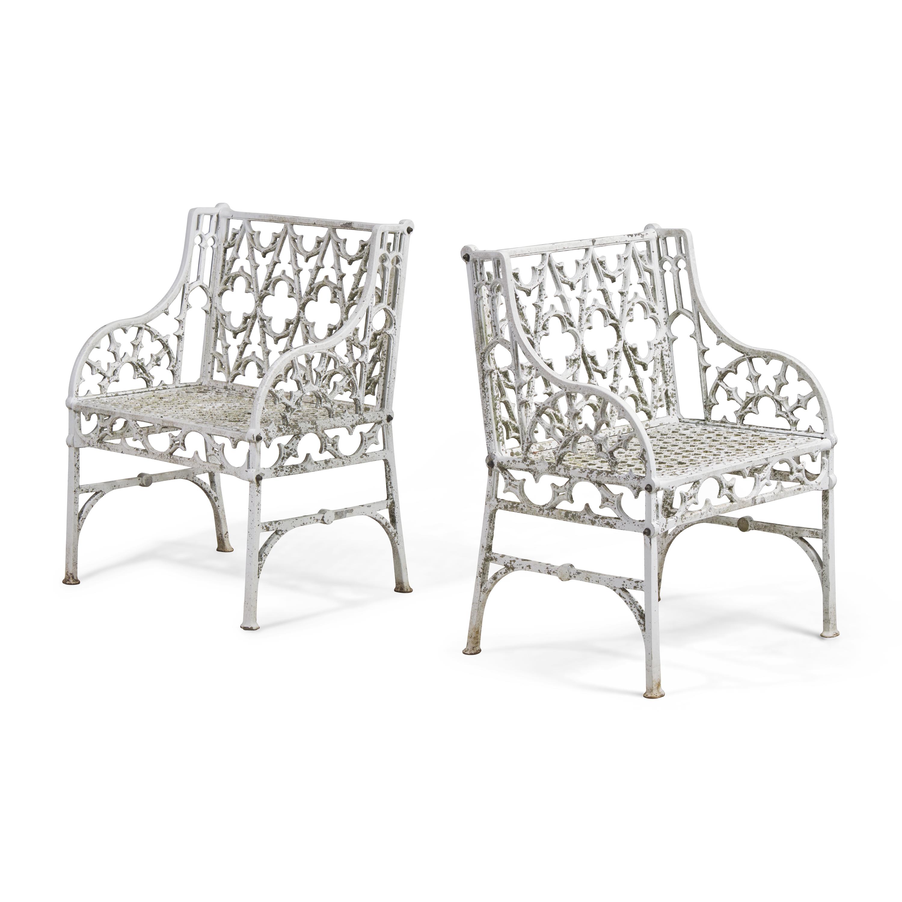 A Pair of Gothic Cast Aluminum Garden Armchairs