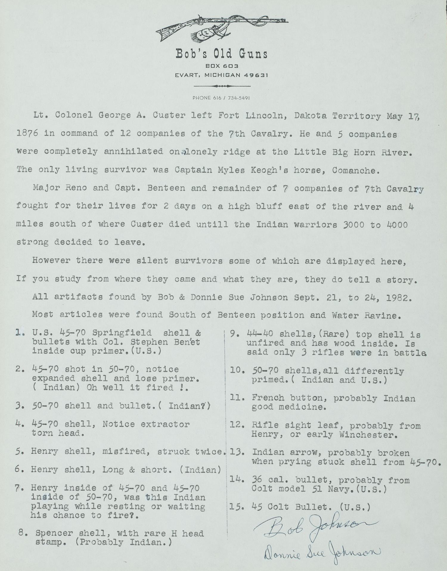 [LATE INDIAN WARS]. Little Bighorn Battlefield relics, incl. shells and bullets, found by Bob and Donella Johnson in 1981.