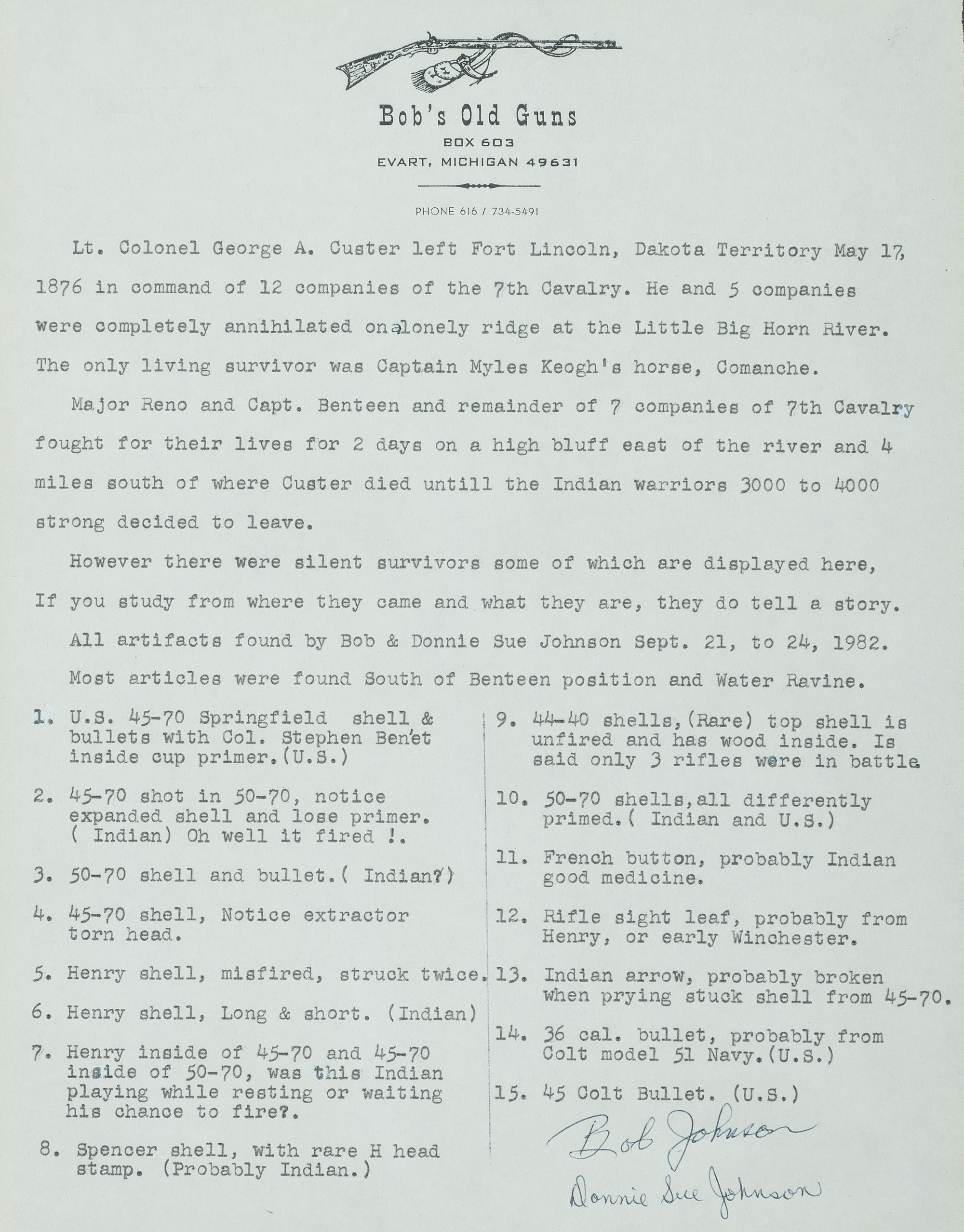 [LATE INDIAN WARS]. Little Bighorn Battlefield relics, incl. shells and bullets, found by Bob and Donella Johnson in 1981.
