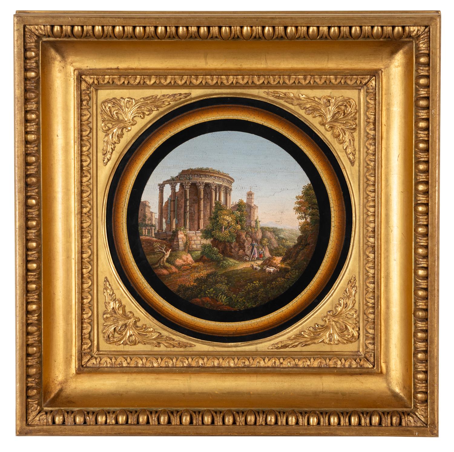 An Italian Micromosaic Plaque Depicting the Temple of Vesta at Tivoli