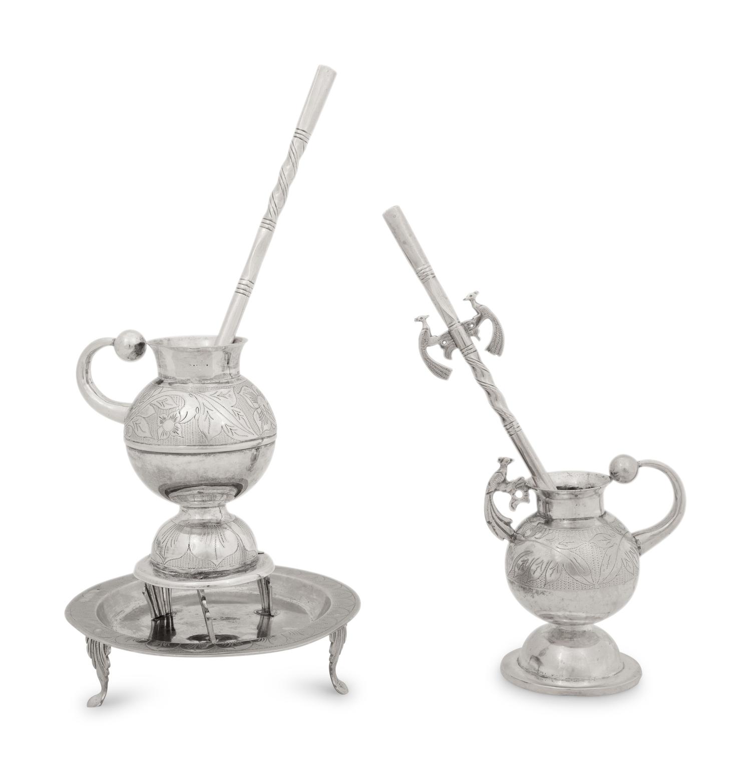 Two Chilean Silver Mate Pots