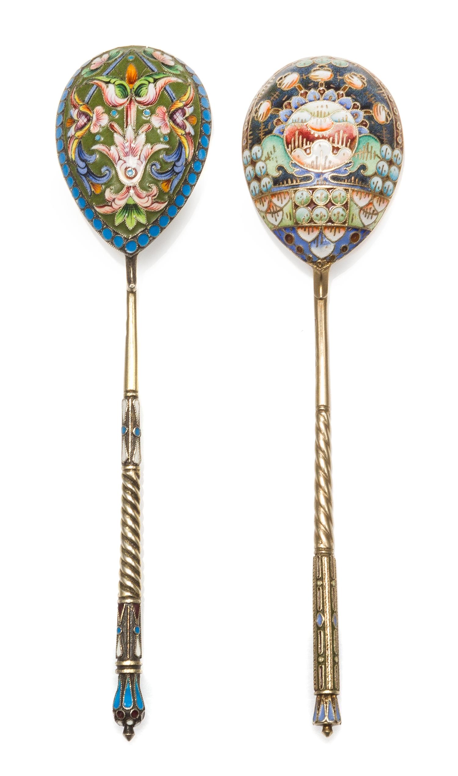 Two Russian Silver-Gilt and Enamel Spoons, Various makers, Moscow, late 19th/early 20th century, each having an enameled finial surmoun