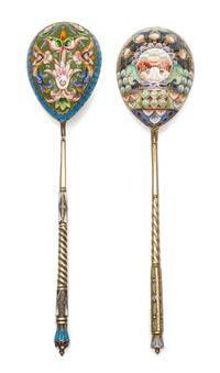 Two Russian Silver-Gilt and Enamel Spoons, Various makers, Moscow, late 19th/early 20th century, each having an enameled finial surmoun