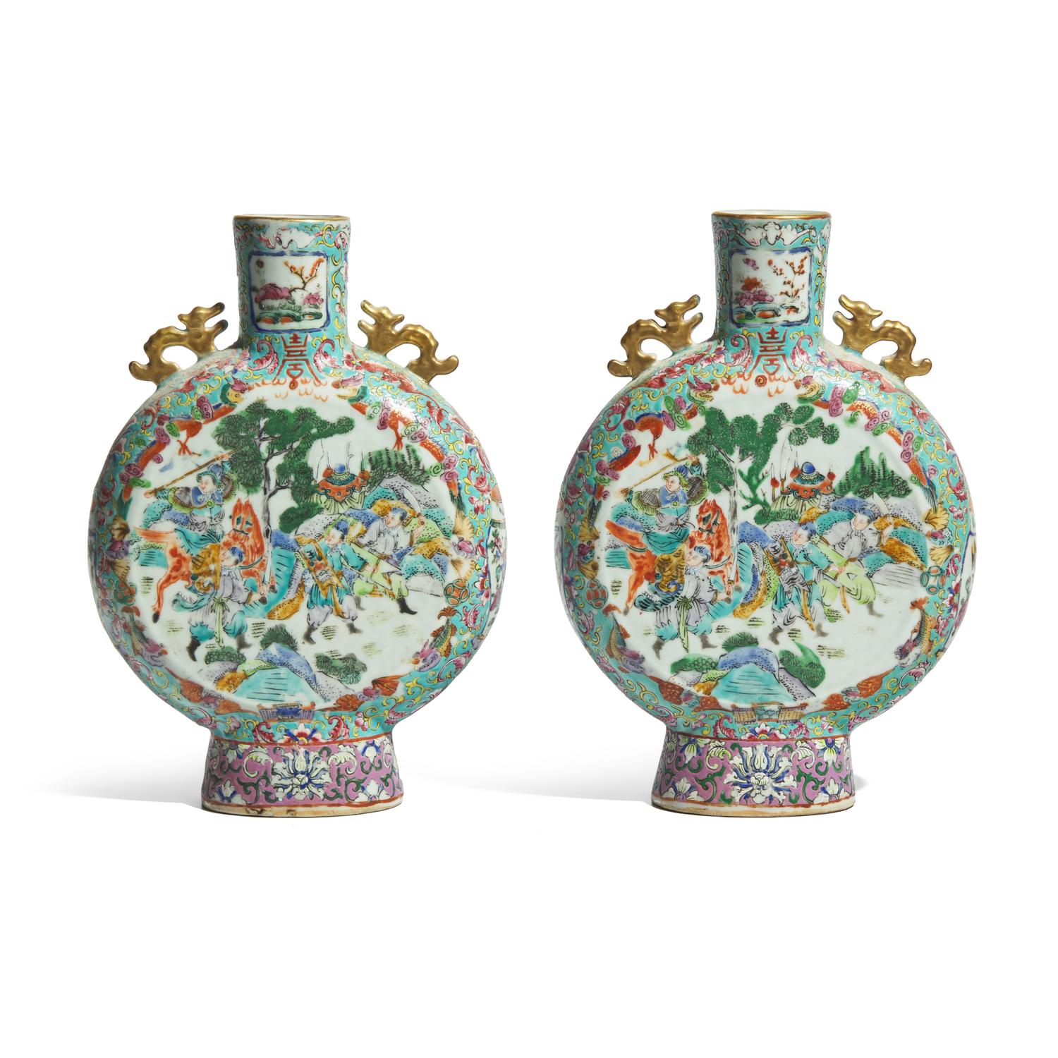A Pair of Chinese Export Porcelain Rose Mandarin Moon Flasks