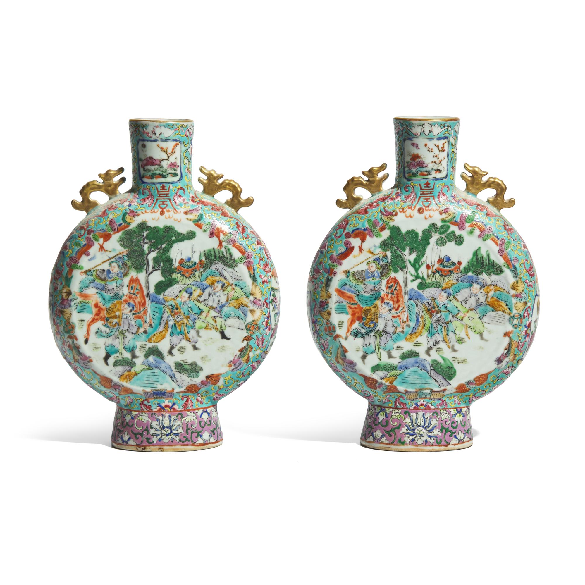 A Pair of Chinese Export Porcelain Rose Mandarin Moon Flasks