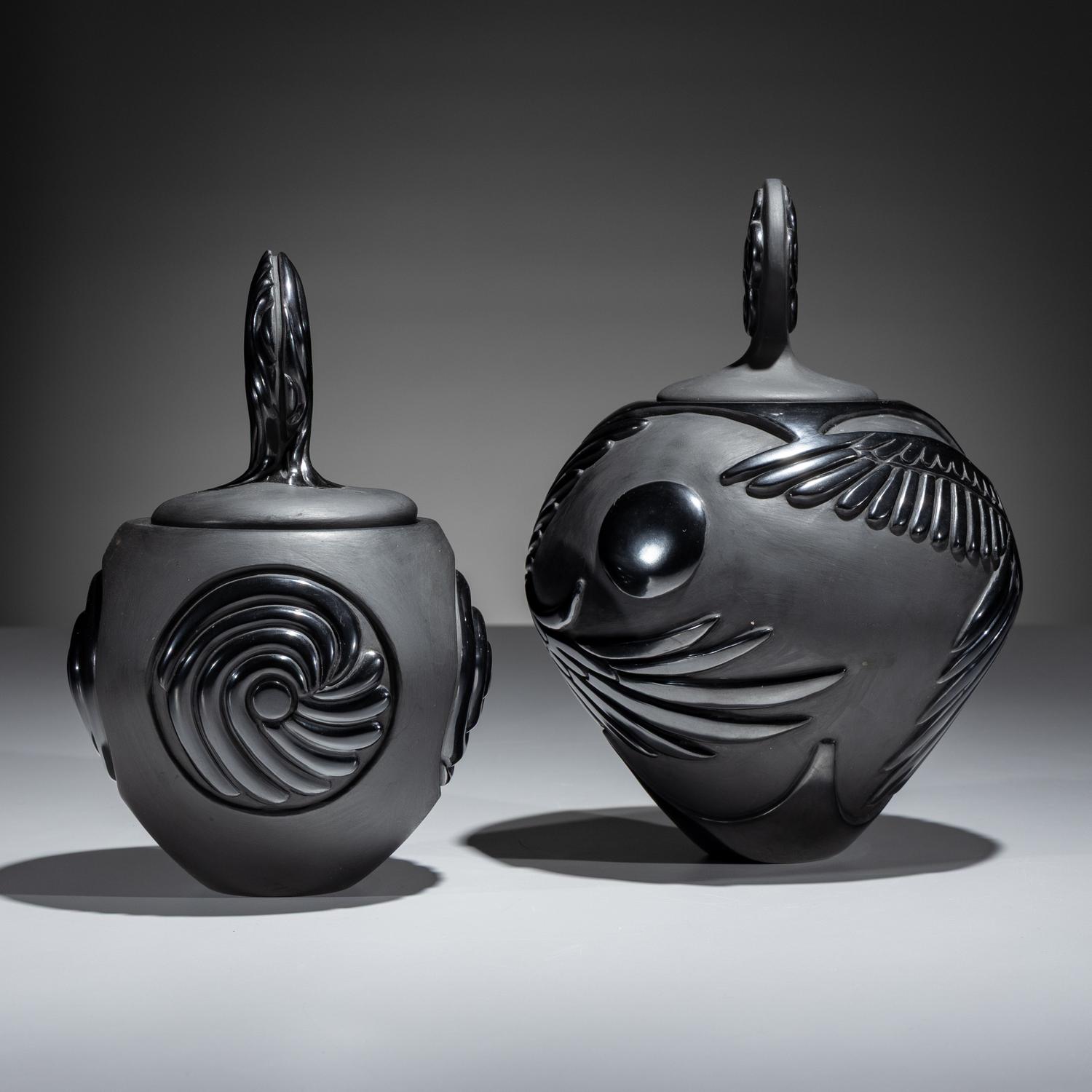 Carved Blackware Pottery Vases, Macaws and Swirls