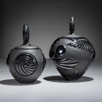 Carved Blackware Pottery Vases, Macaws and Swirls