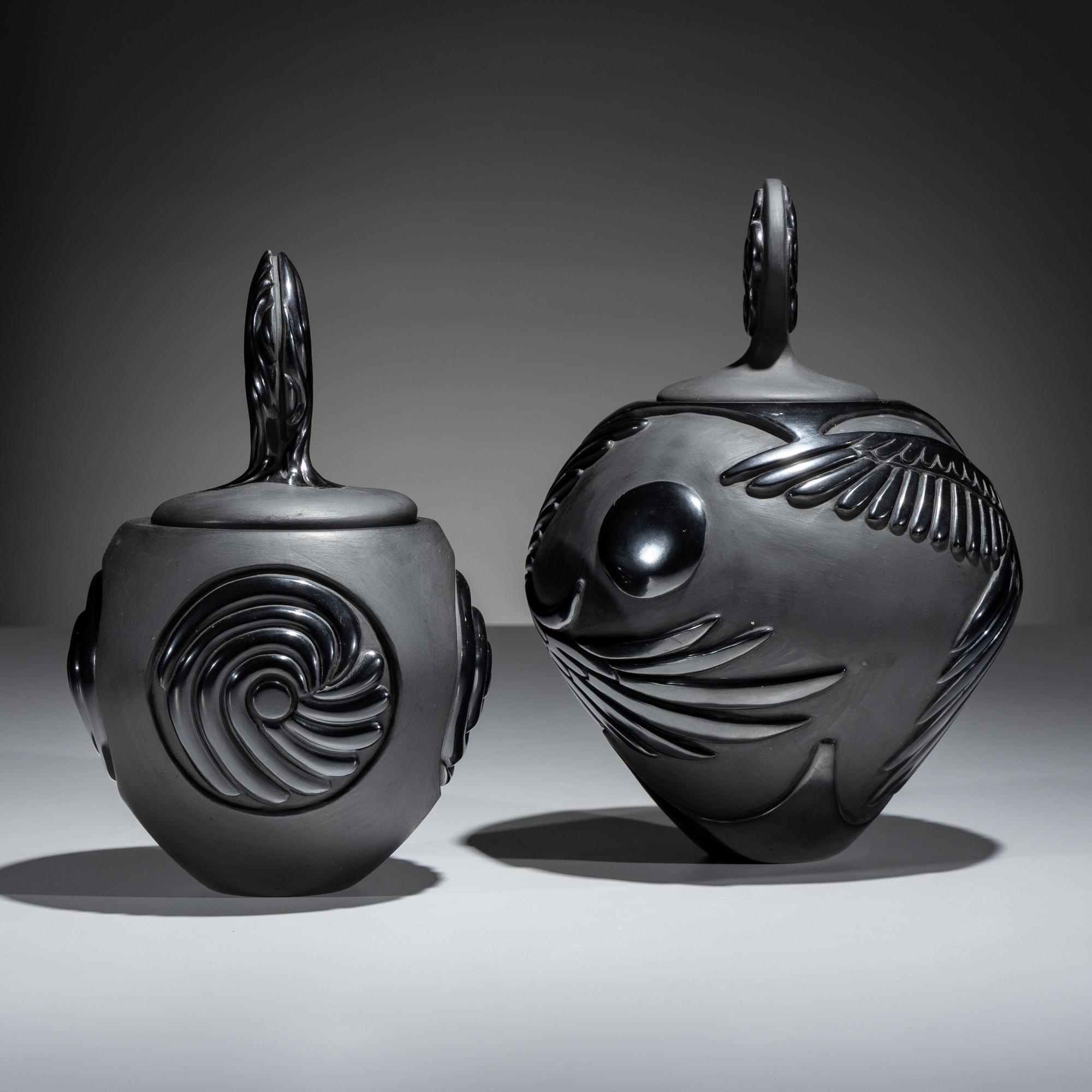 Carved Blackware Pottery Vases, Macaws and Swirls