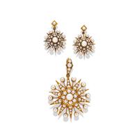 ANTIQUE, SEED PEARL PIN PENDANT AND EARRINGS