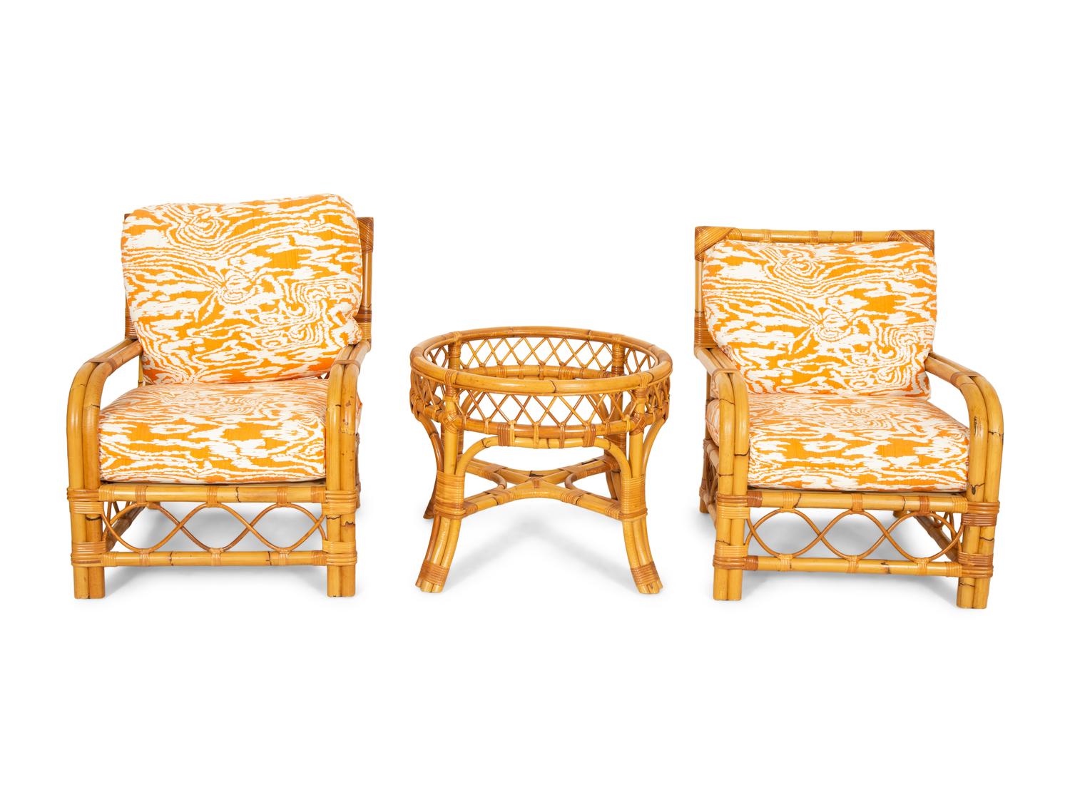 A Pair of Bielecky Brothers Rattan Armchairs and a Side Table.