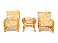 A Pair of Bielecky Brothers Rattan Armchairs and a Side Table.
