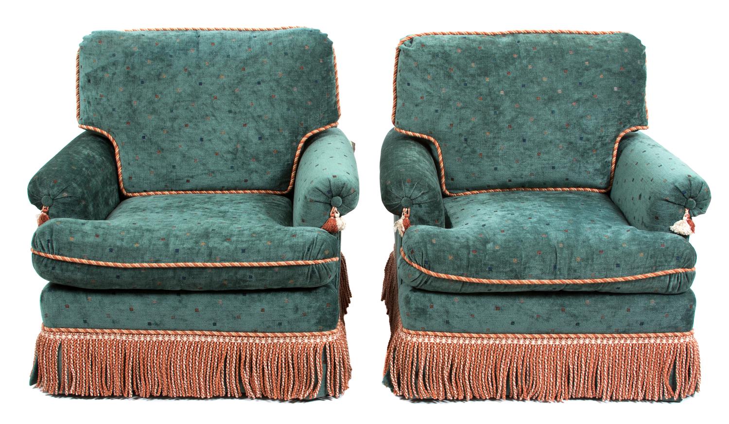 A Pair of Upholstered Armchairs Height 30 x width 35 x depth 36 inches. — 20TH CENTURY